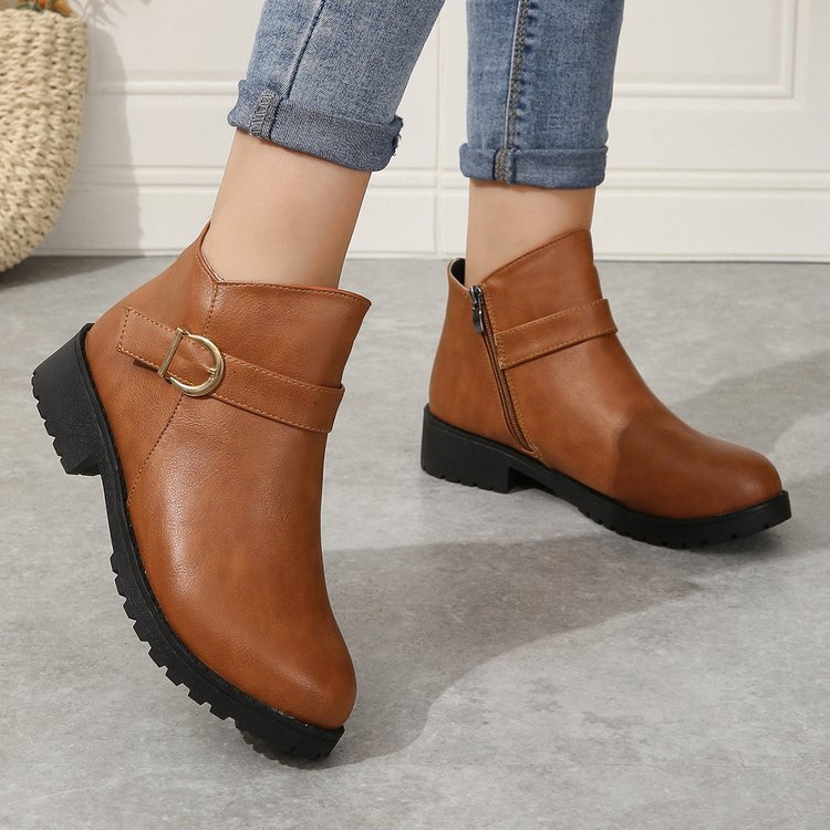 Short Leather Boots with Belt Buckle and Zipper