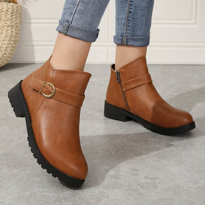 Short Leather Boots with Belt Buckle and Zipper