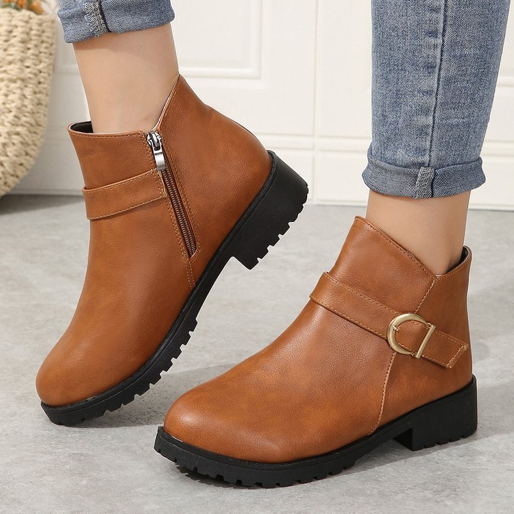 Short Leather Boots with Belt Buckle and Zipper