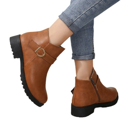 Short Leather Boots with Belt Buckle and Zipper